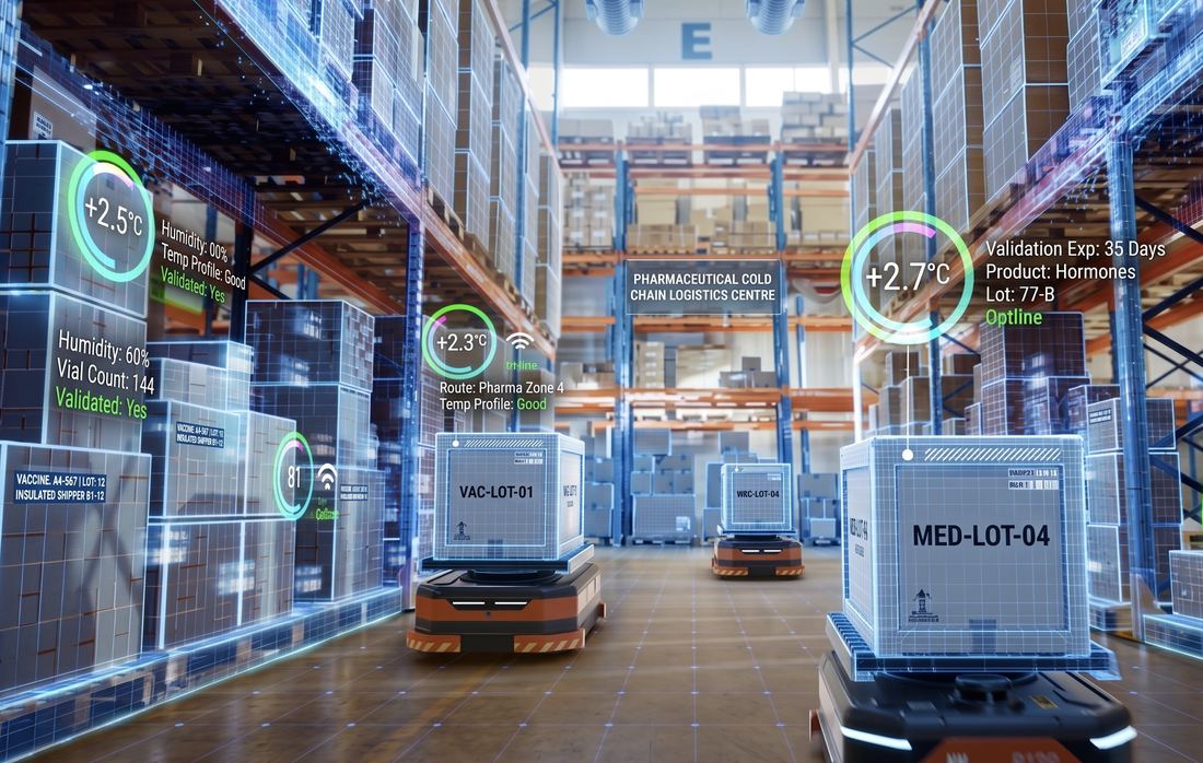 Digital-twin visualization of an automated cold-chain warehouse with AGVs, live temperature and validation data on pallets