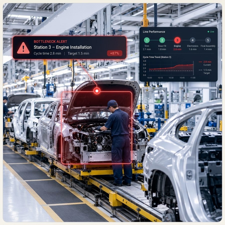 Bottleneck alert overlay on an automotive assembly line